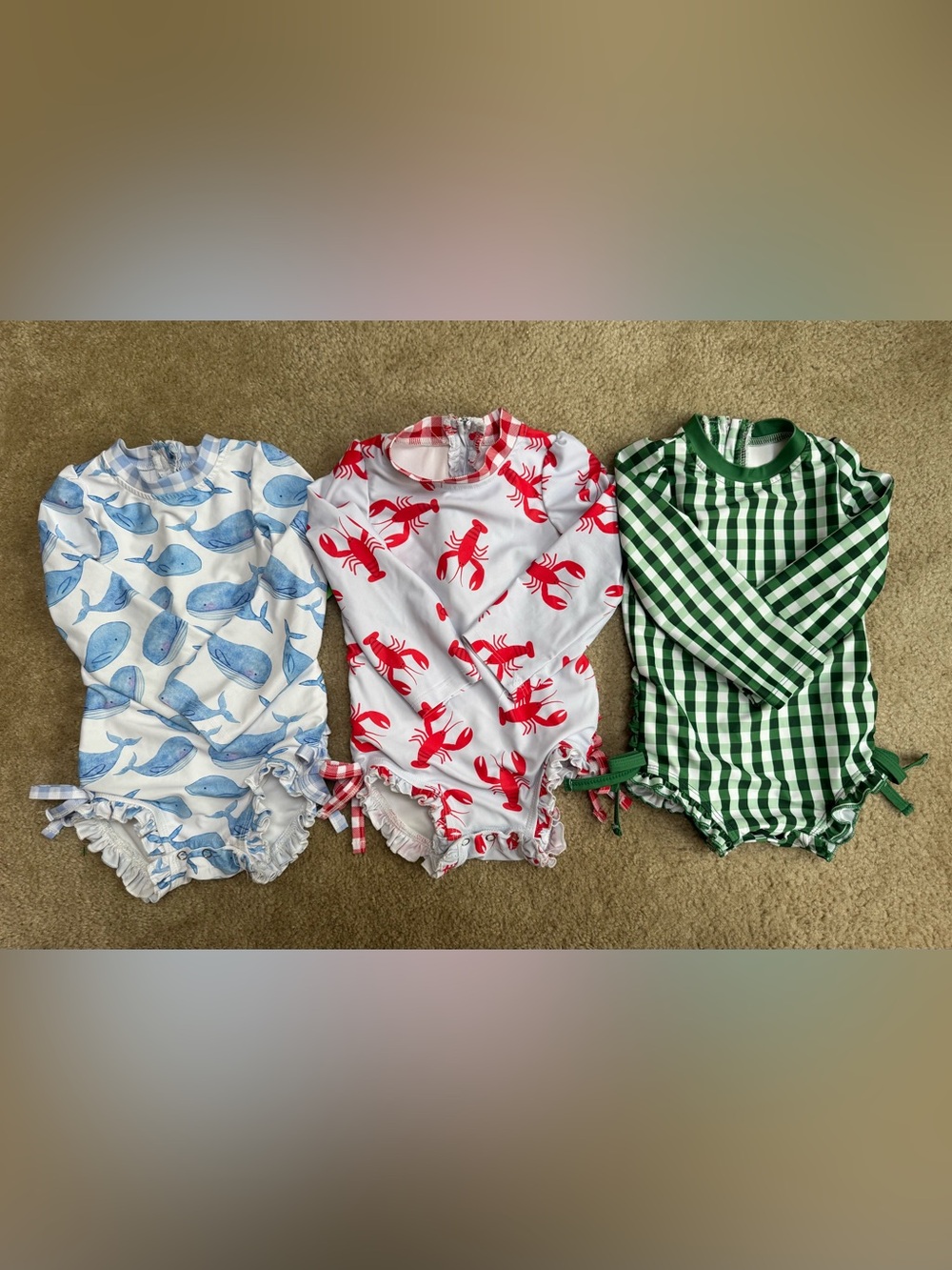 Set of 3 Sz 2T Baby Rash Guard Onesies -Blue Whales, Red Lobsters, Green Gingham